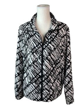 Zenergy by Chicos Black & White Abstract Zip-Front Bomber Jacket Size 1 (8-10-M)